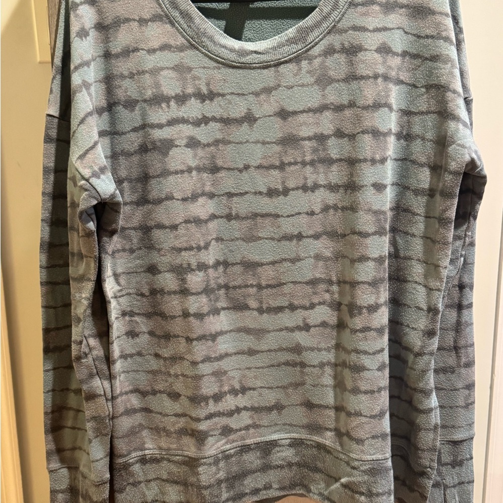 Athleta Olive Green & Gray Striped Crewneck Sweatshirt